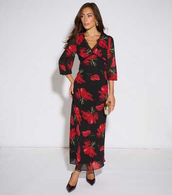 Gini London Black Floral Print Lace Trim Midi Dress