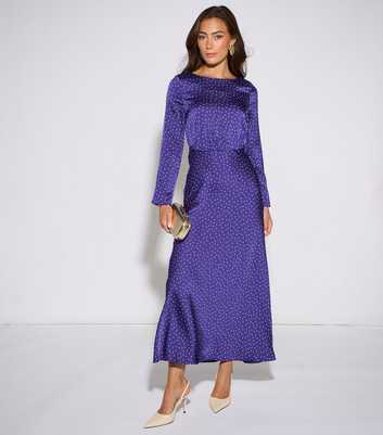 Gini London Dark Blue Long Sleeve Satin Midi Dress