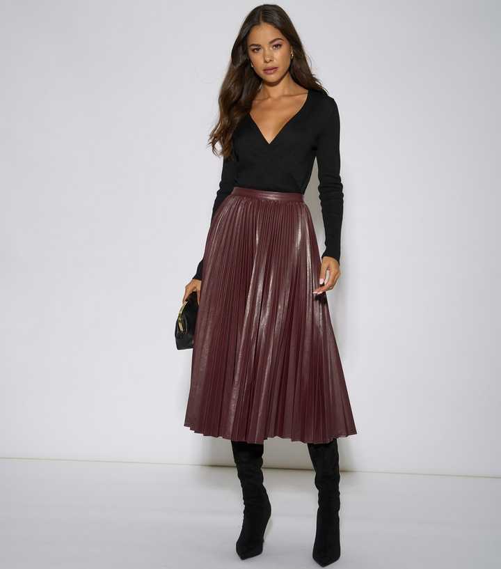 Gini London Dark Burgundy Faux Leather Pleated Midi Skirt