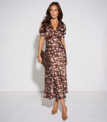 Gini London Brown Satin Lace Midi Dress