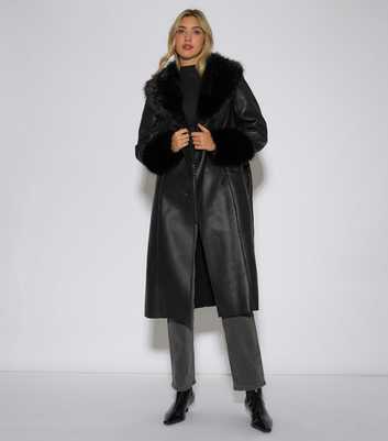 Gini London Black Faux Fur Trim and Faux Leather Coat