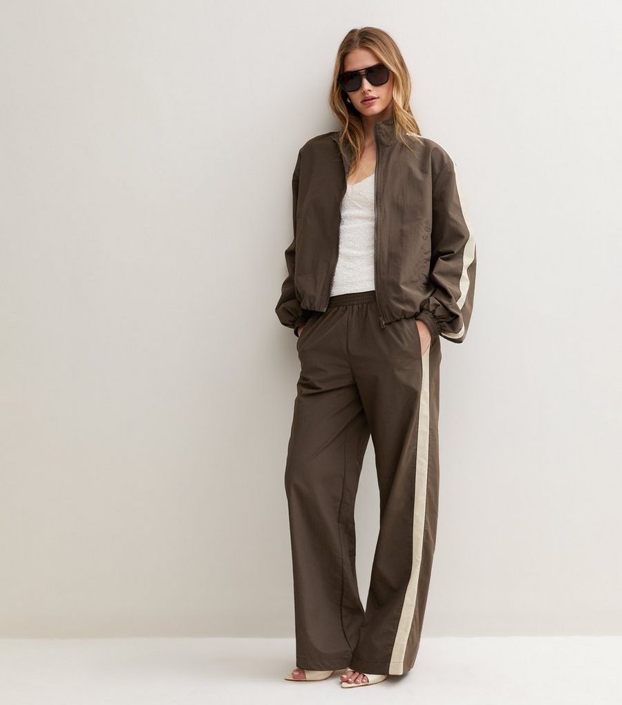 Brown Windbreaker Side Strip Wide Leg Joggers
