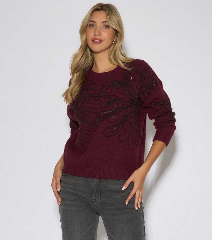 Gini London Dark Red Sequin Flower Jumper