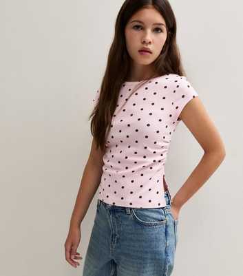 Girls Pink Cotton Rich Polka Dot Ruched T-Shirt