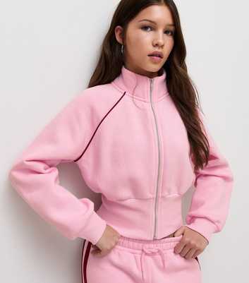Girls Light Pink Funnel Neck Piped Sweatshirt