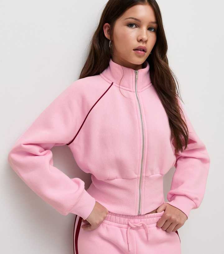 Girls Light Pink Funnel Neck Piped Sweatshirt
