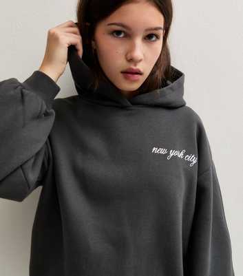 Girls Dark Grey NY Lace Slogan Hoodie with Cotton