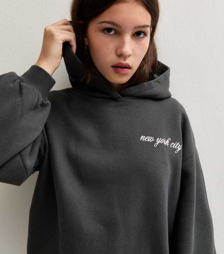 Girls Dark Grey NY Lace Slogan Hoodie with Cotton