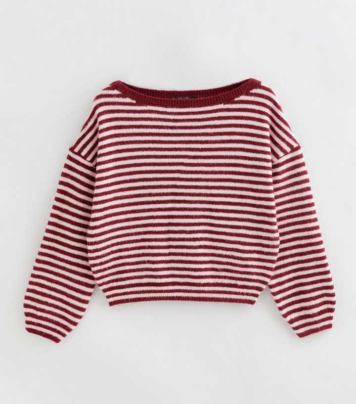Girls Pink Horizontal Stripe Wide Neck Knitted Jumper