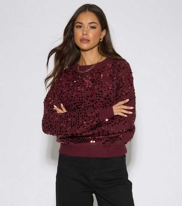 Gini London Dark Red Sequin Long Sleeve Jumper