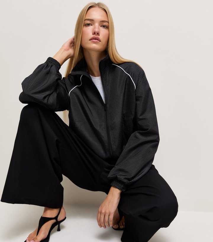 Black Check Piped Funnel Neck Bubble Hem Windbreaker Jacket