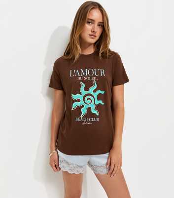 Dark Brown Cotton Sun Print Crew Neck T-Shirt