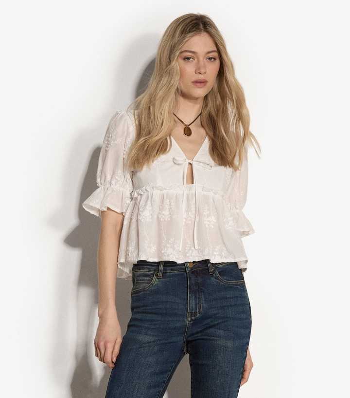 Apricot White Three Dimensional Floral Embroidered Peplum Top
