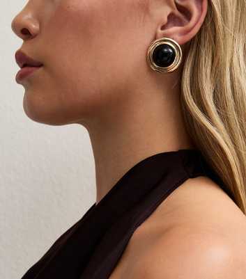 Black Gem Gold-Tone Circle Stud Earrings