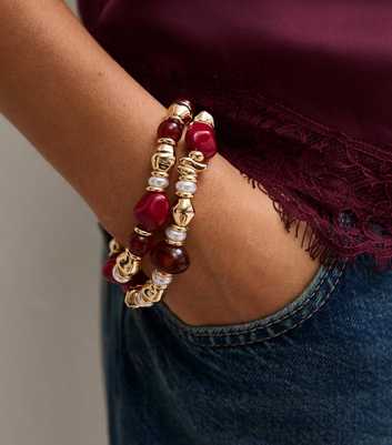 Pack of 2 Gold Tone Burgundy Beaded Stretch Bracelets