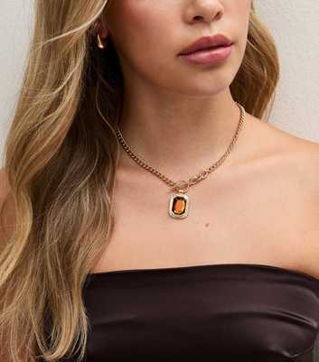 Gold Tone Square Gem Pendant Link Chain Necklace