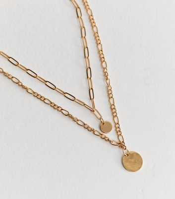 Gold Tone 2 Layer Chunky Chain Long Drop Disc Necklace