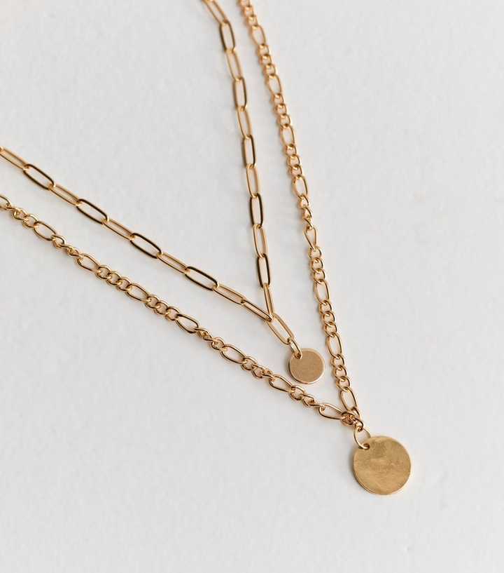 Gold Tone 2 Layer Chunky Chain Long Drop Disc Necklace