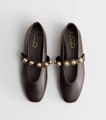 Dark Brown Faux Leather Gold Tone Shell Button Scalloped Edge Mary Jane Ballet Flats
