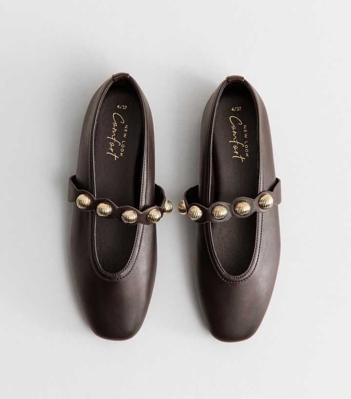 Dark Brown Faux Leather Gold Tone Shell Button Scalloped Edge Mary Jane Ballet Flats