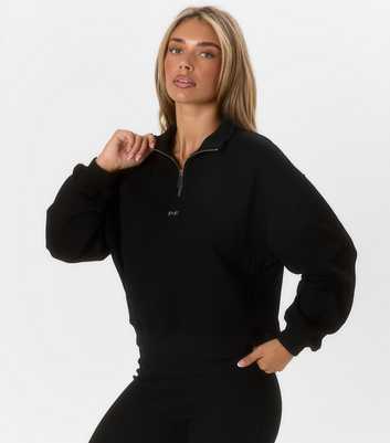 Peach:Fit Black Quarter Zip Funnel Neck Sweatshirt