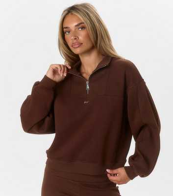 Peach:Fit Dark Brown Quarter Zip Funnel Neck Sweatshirt