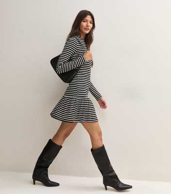 Black Long Sleeve Jersey Striped Frill Hem Mini Dress