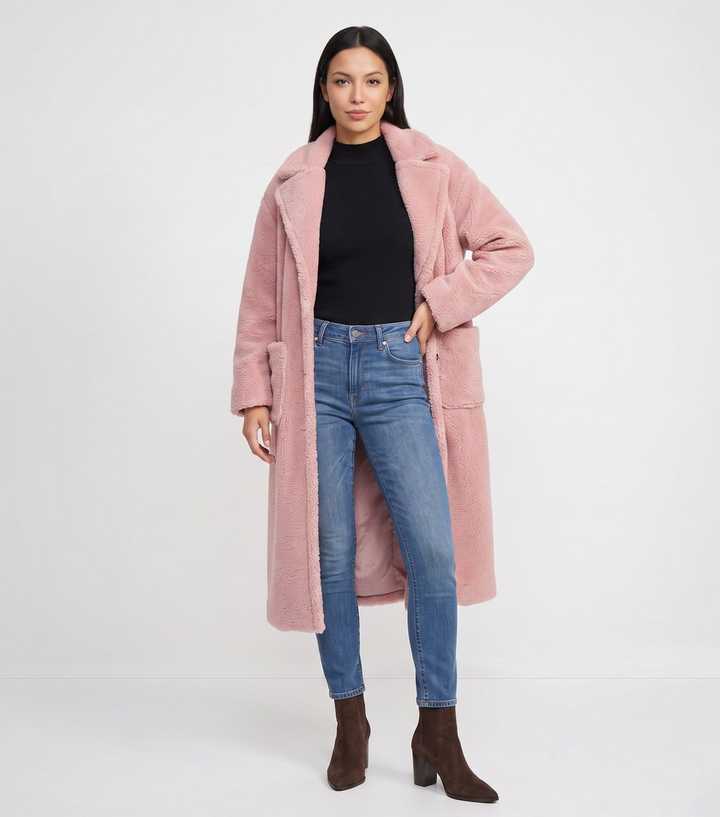 Gini London Light Pink Longline Teddy Coat