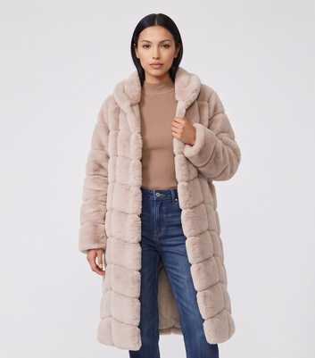 Gini London Light Pink Panelled Longline Faux Fur Coat