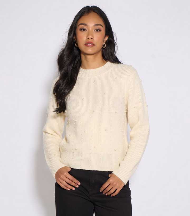 Gini London Cream Faux Pearl Embellished Knitted Jumper