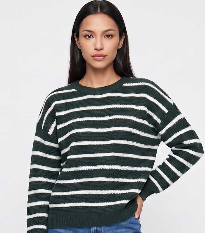 Gini London Dark Green Striped Chunky Knit Jumper