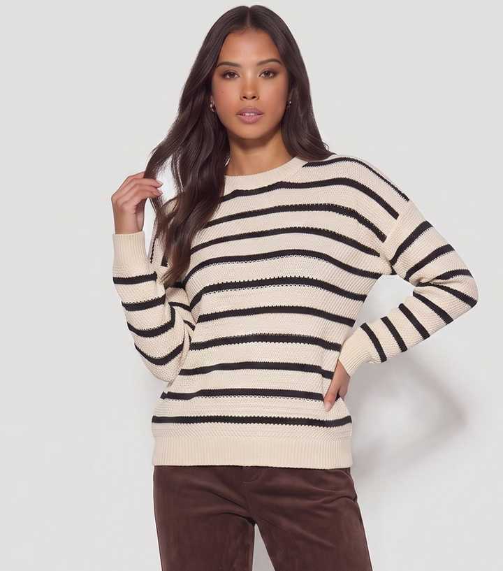 Gini London Cream Striped Chunky Knit Oversize Jumper