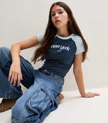 Girls Blue New York Polka Dot Raglan T-Shirt