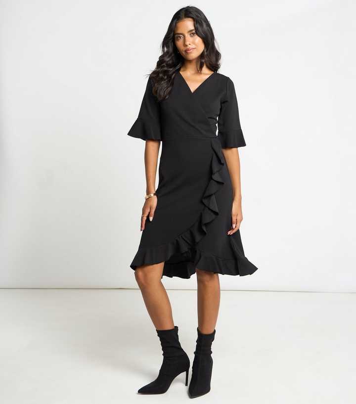 Apricot Black Flutter Sleeve Ruffle Trim Mini Dress