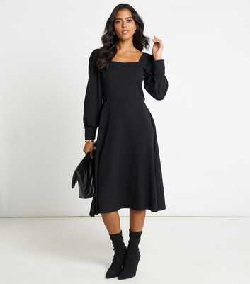 Arch Black Puff Sleeve A-Line Midi Dress