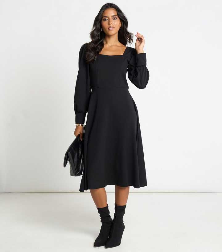 Arch Black Puff Sleeve A-Line Midi Dress
