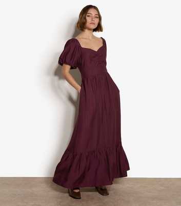 Apricot Dark Burgundy Puff Sleeve Maxi Dress