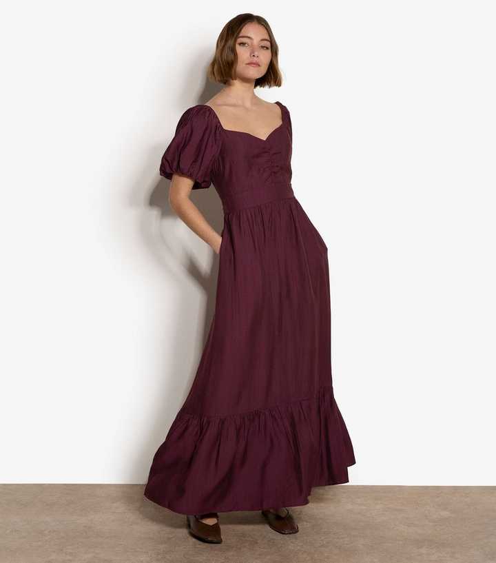 Apricot Dark Burgundy Puff Sleeve Maxi Dress