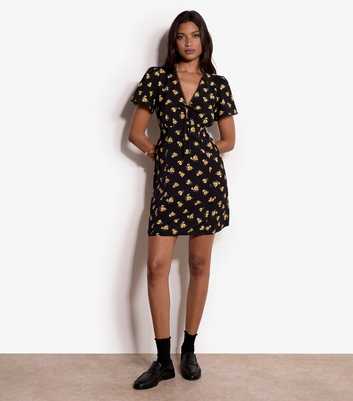 Apricot Black Floral V-Neck Dress