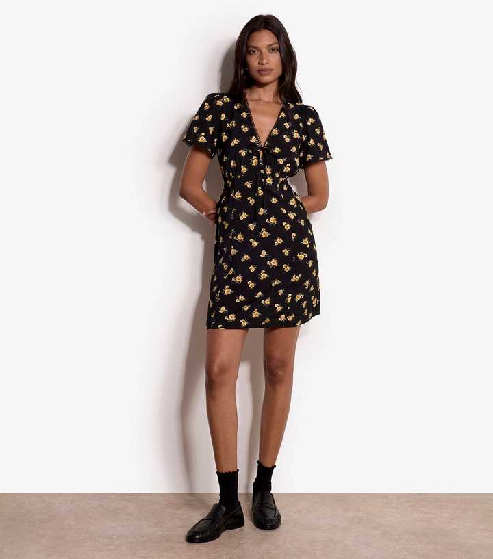 Apricot Black Floral V-Neck Dress