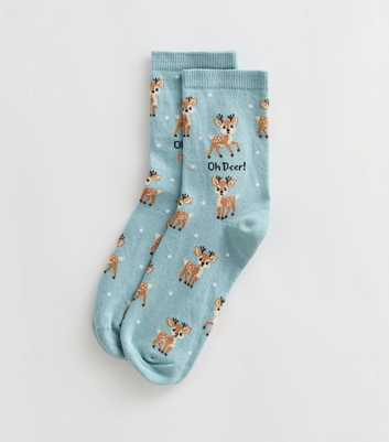Light Green Cotton Rich Oh Deer Pattered Ankle Socks