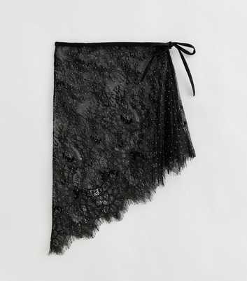 Black Scalloped Lace Diamante Asymmetric Scarf
