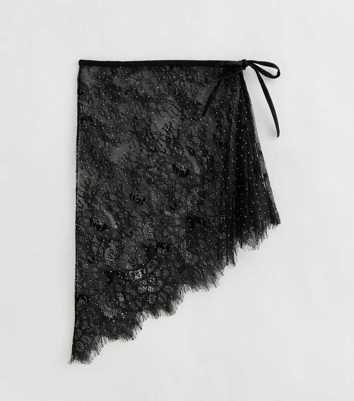 Black Scalloped Lace Diamante Asymmetric Scarf