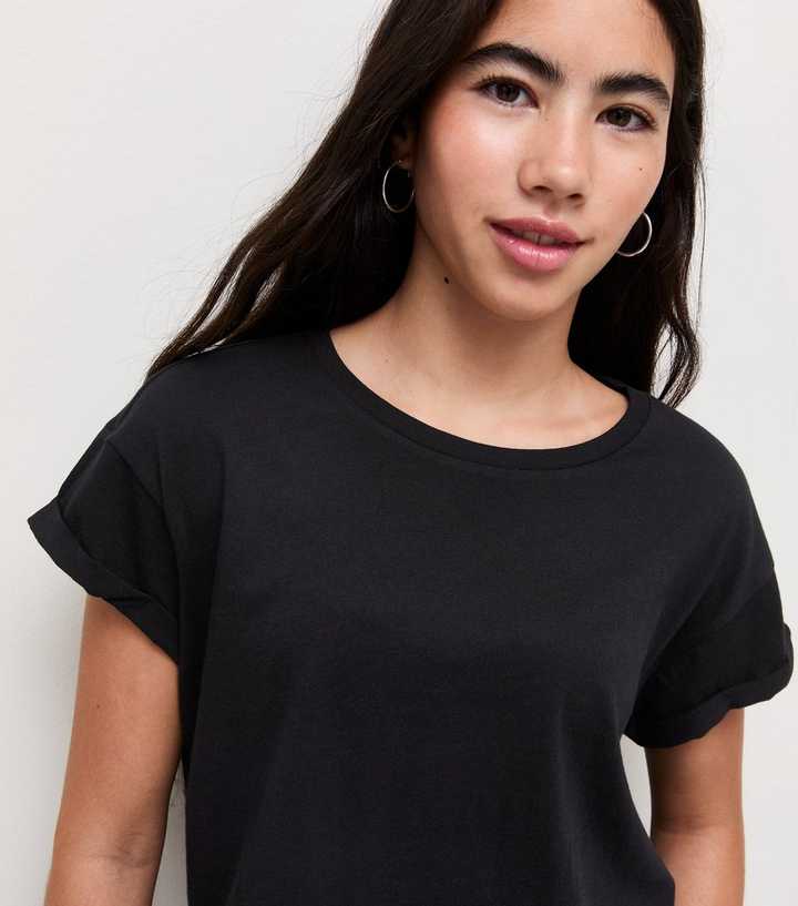Girls Black Cotton Roll Sleeve T-Shirt