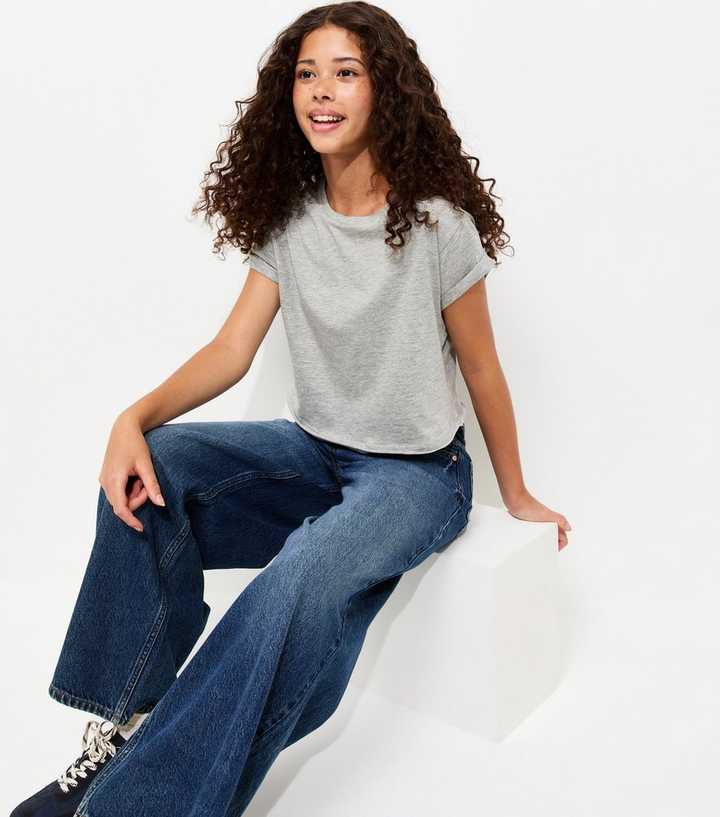 Girls Grey Cotton Roll Sleeve T-Shirt