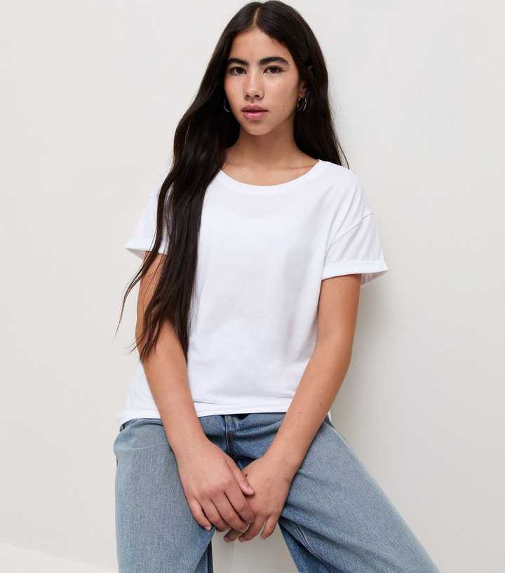 Girls White Cotton Roll Sleeve T-Shirt