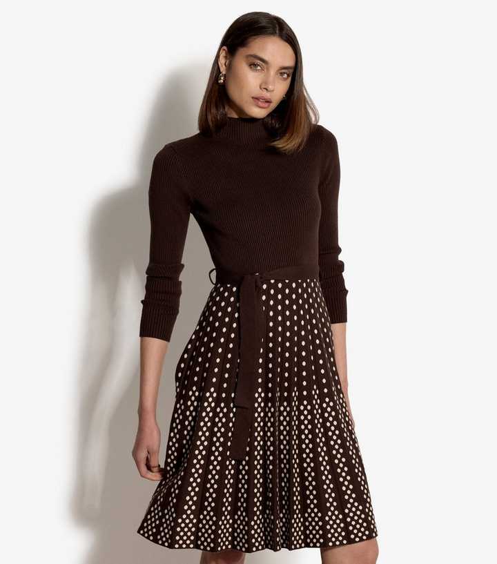 Apricot Brown Ribbed Polka Dot Pleated Mini Dress