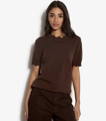 Apricot Dark Brown Scalloped Knit Top
