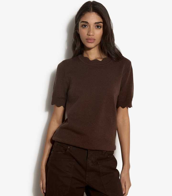 Apricot Dark Brown Scalloped Knit Top