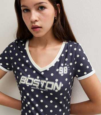 Girls Navy Polka Dot Boston V Neck Fitted Short Sleeve Top